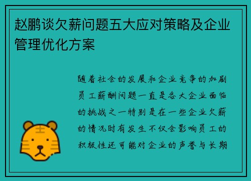 赵鹏谈欠薪问题五大应对策略及企业管理优化方案